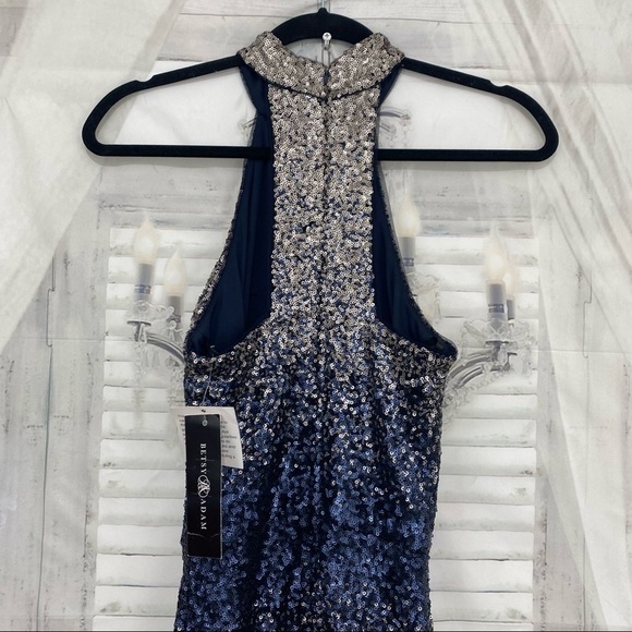 Betsy & Adam Size 2 Long Dress Gown Ombre Sequins Mock Neck Sleeveless Blue - Picture 11 of 16